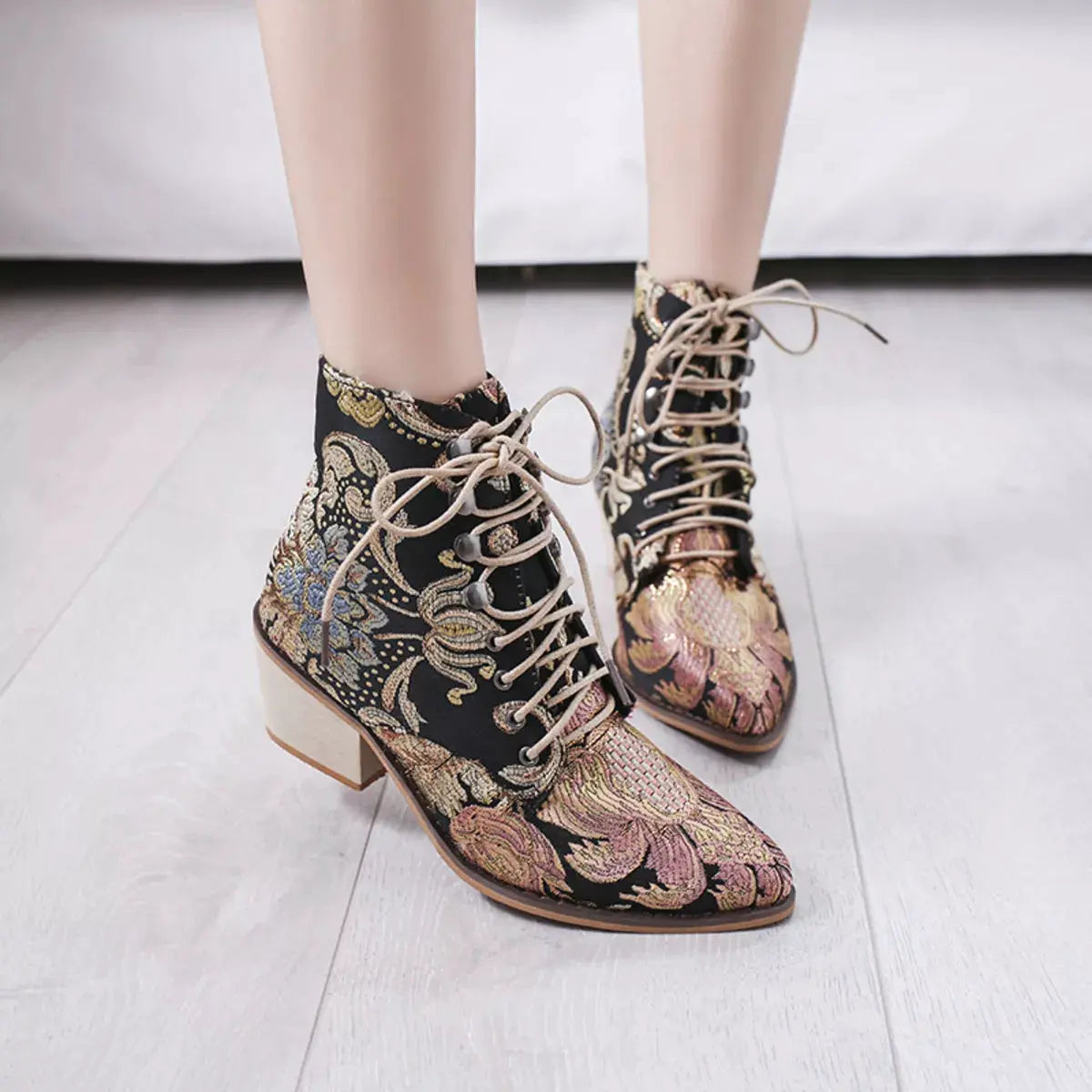 Embroidered Floral Lace-Up Ankle Boots by Partner Label