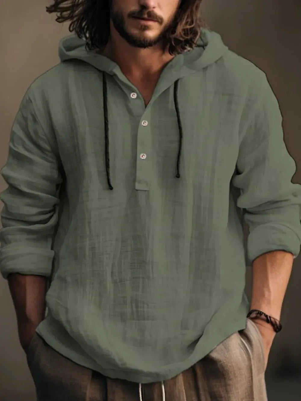 Men's Full Size Half Button Long Sleeve Hoodie by Trendsi