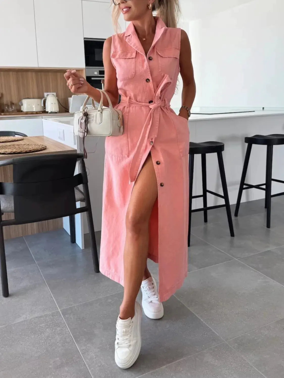 Button Front Sleeveless Denim Dress by Partner Label