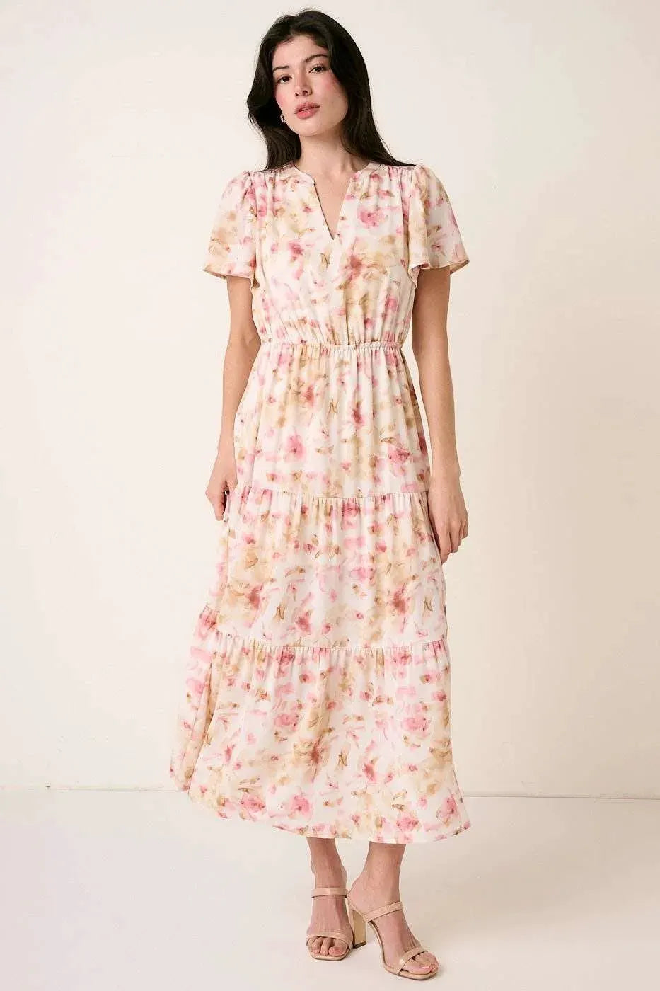 Mittoshop Flower Print Flutter Sleeve V Slit Maxi Dress by Mittoshop