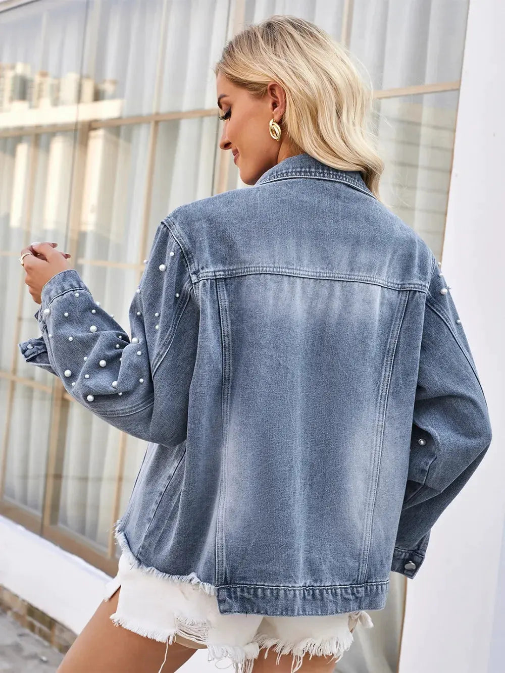 Pearl Trim Raw Hem Denim Jacket by Partner Label