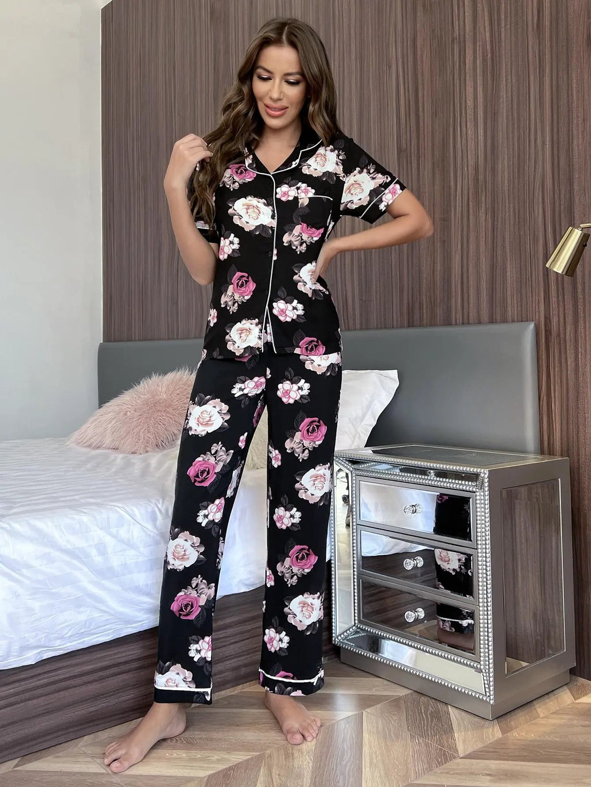 Floral Short Sleeve Shirt and Pants Lounge Set by Partner Label