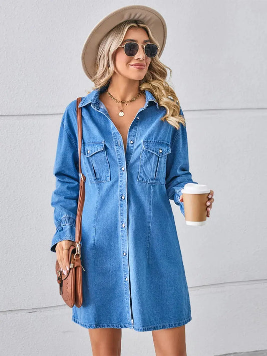 Pocketed Dropped Shoulder Mini Denim Dress by Partner Label