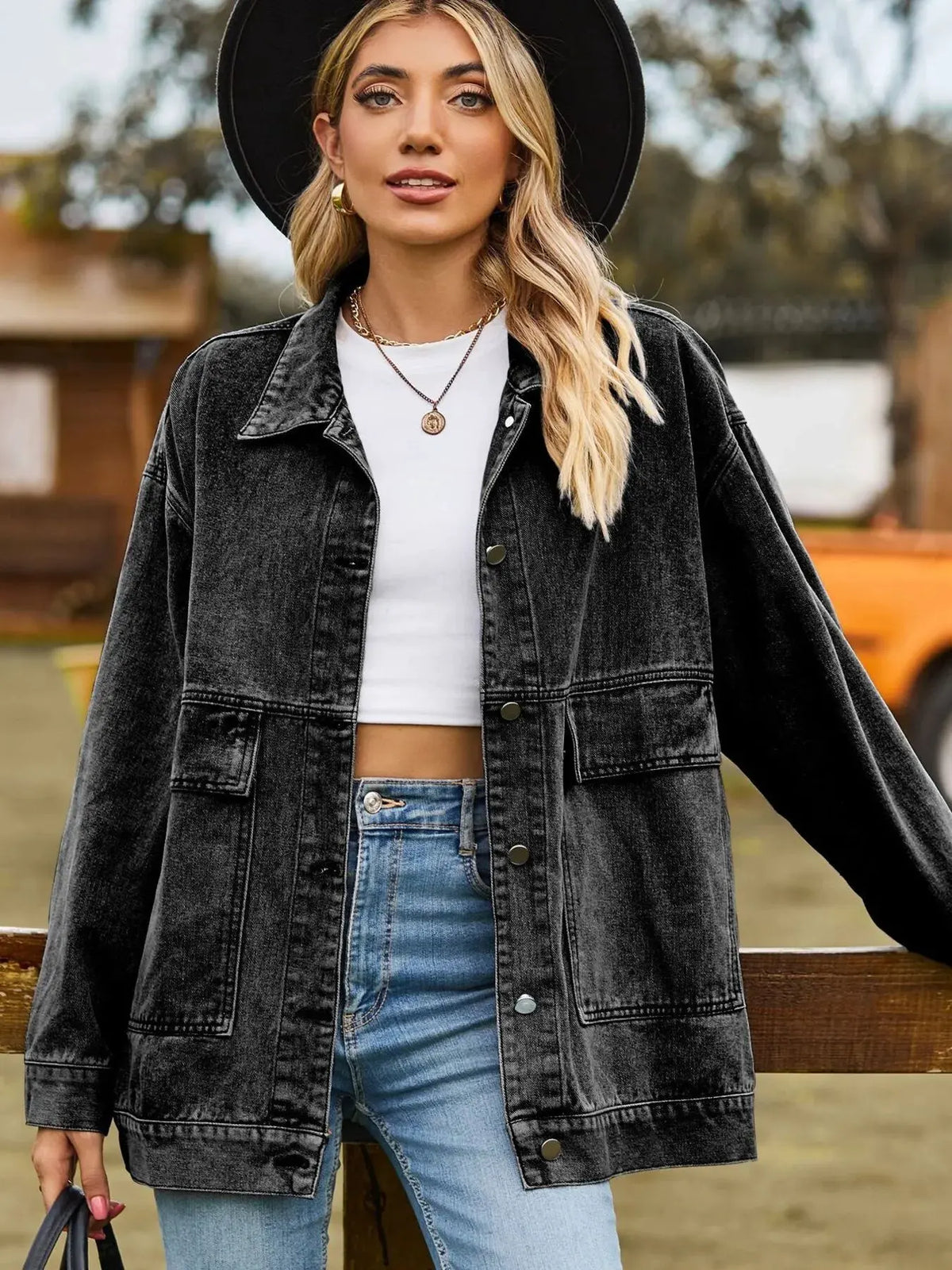 Oversized Button Up Denim Jacket with Hood by Partner Label