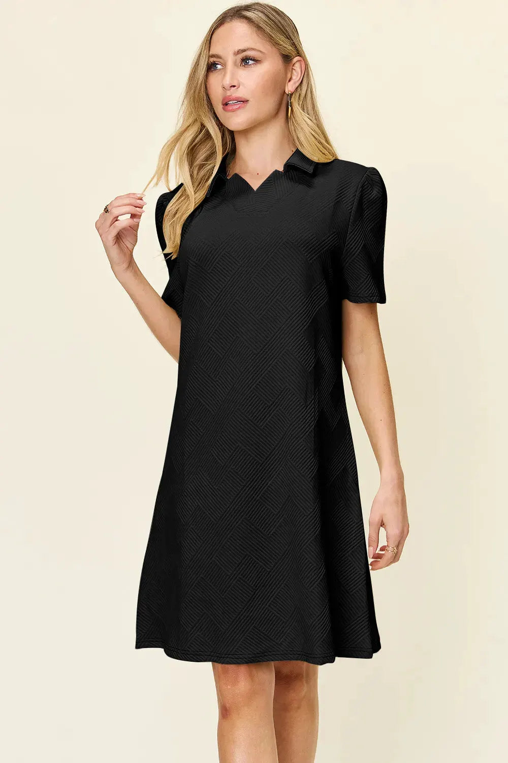 Double Take Full Size Texture Collared Neck Short Sleeve Dress by Double Take