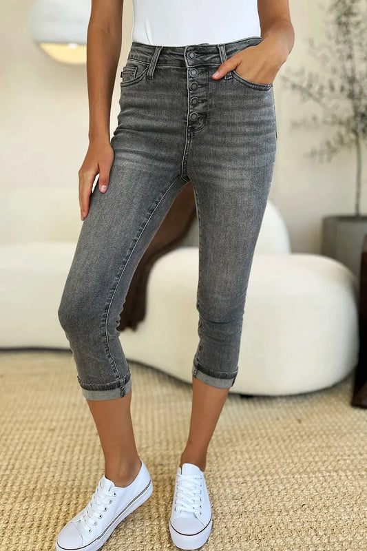 Judy Blue Full Size Button Fly High Waist Cuffed Capris by Judy Blue