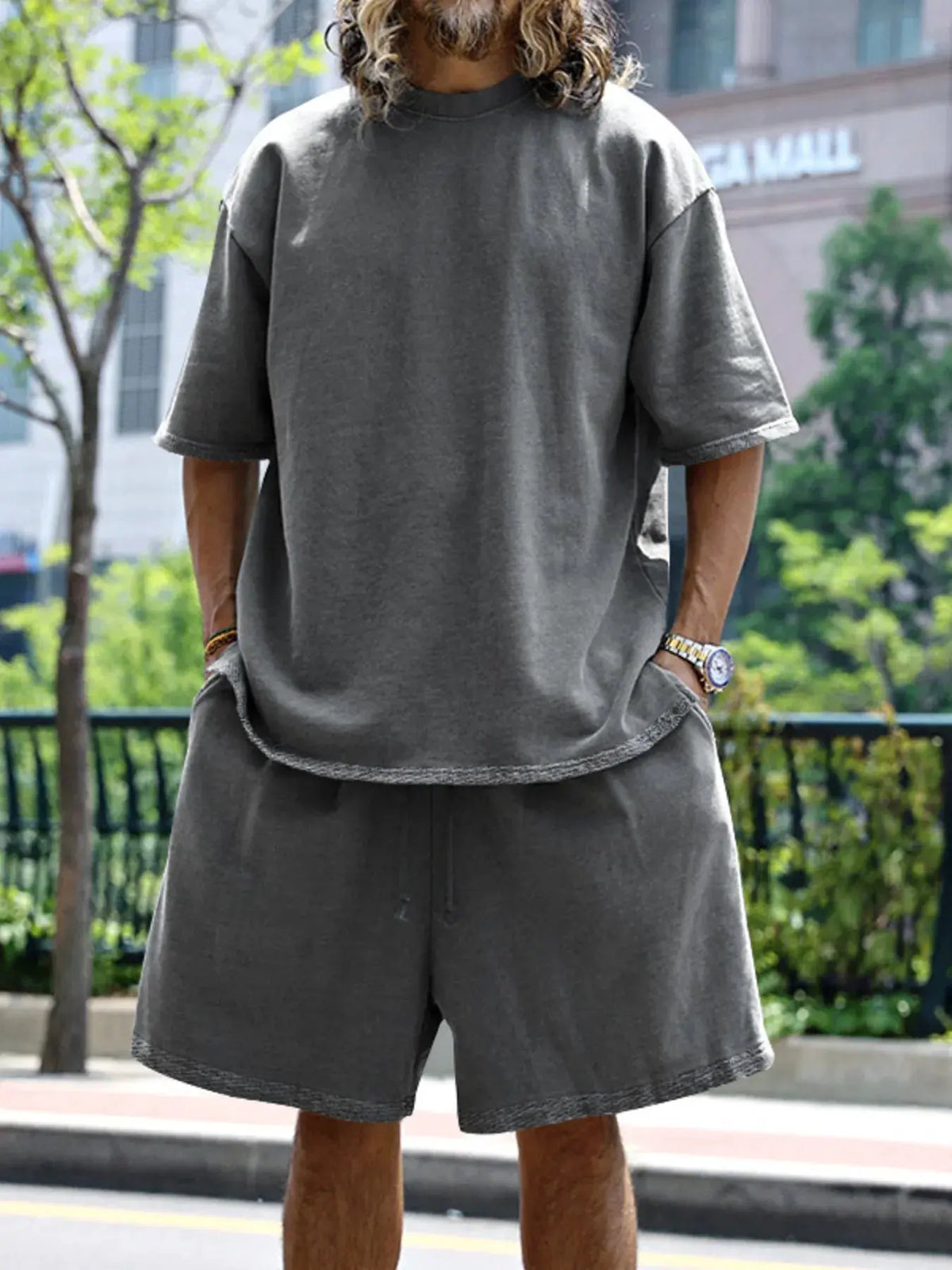 Men's Full Size Round Neck Short Sleeve Top and Shorts Set Plus Size by Partner Label