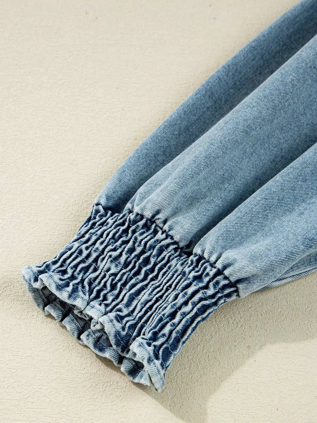 Smocked Cuffs Flared Denim Shirt Mini Dress by Partner Label