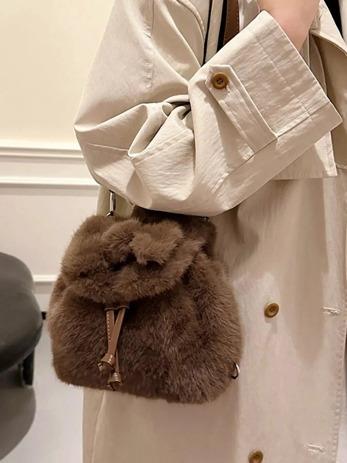 Fuzzy Plush Drawstring Backpack Bag by Partner Label