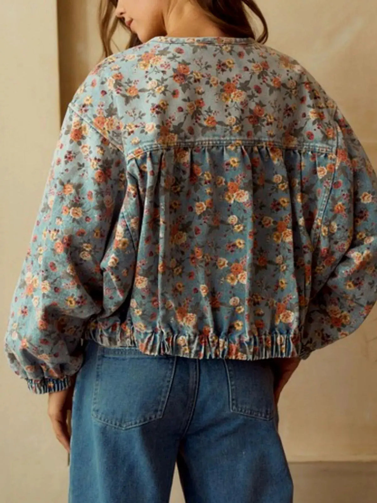 Floral Print Zip Up Cropped Denim Jacket by Partner Label