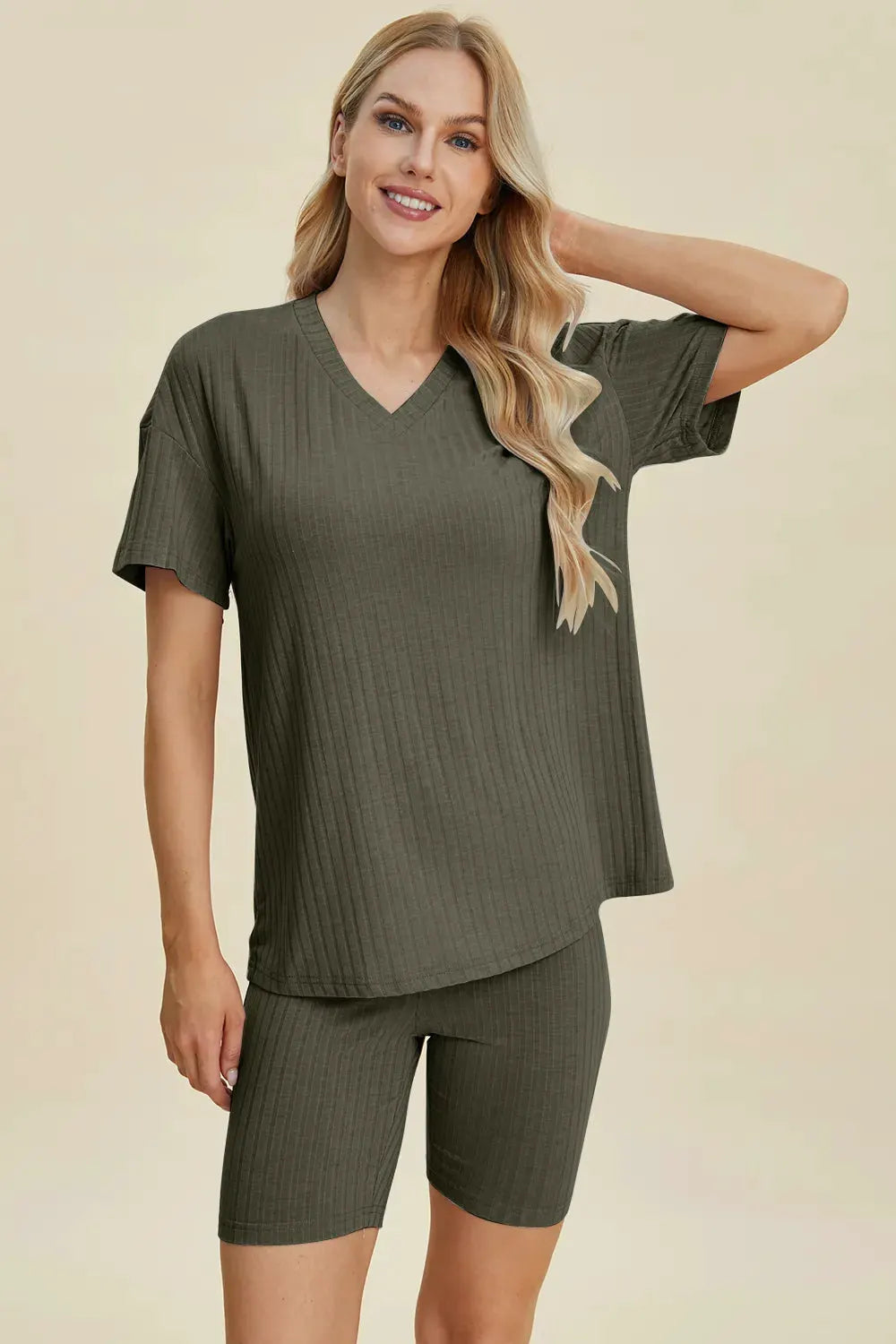 Basic Bae Full Size Ribbed V-Neck Short Sleeve Top and Shorts Set by Basic Bae