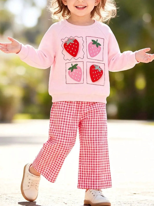 Children's Strawberry Graphic Sweatshirt and Gingham Pants Set by Trendsi