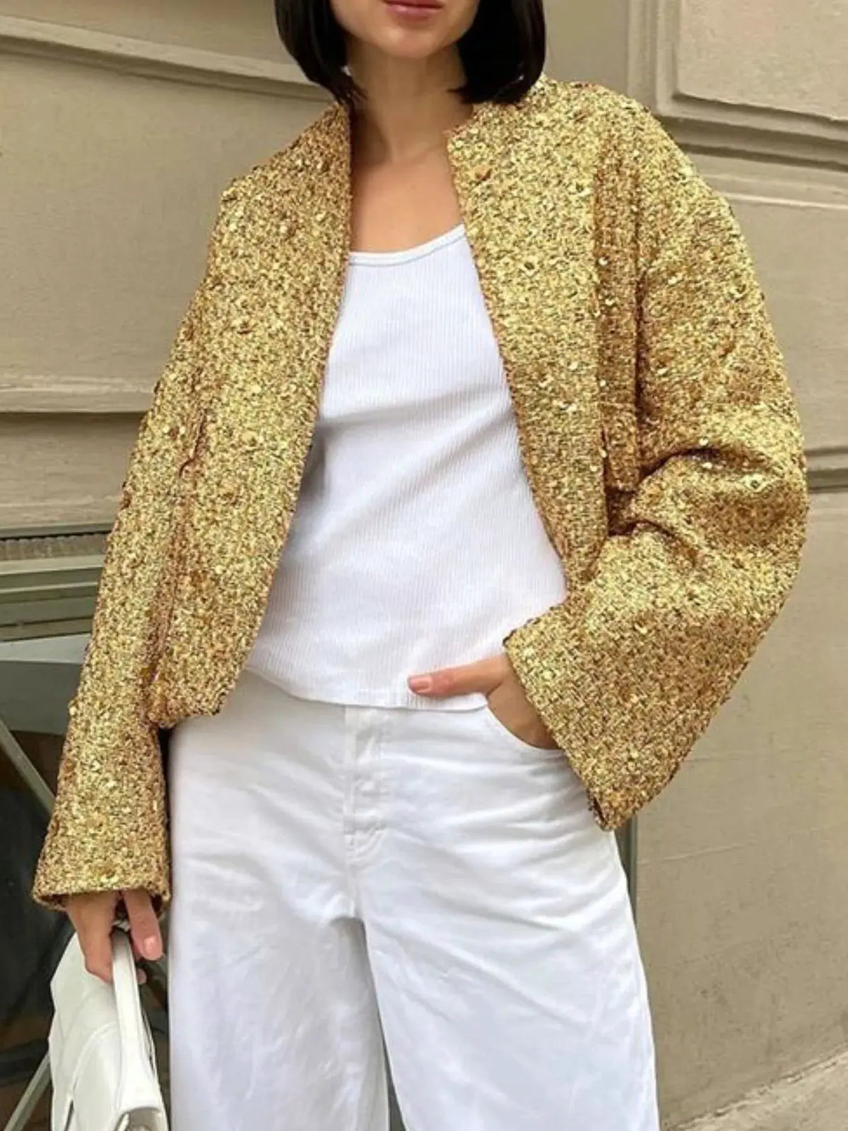 Sequin Long Sleeve Jacket with Pockets by Partner Label