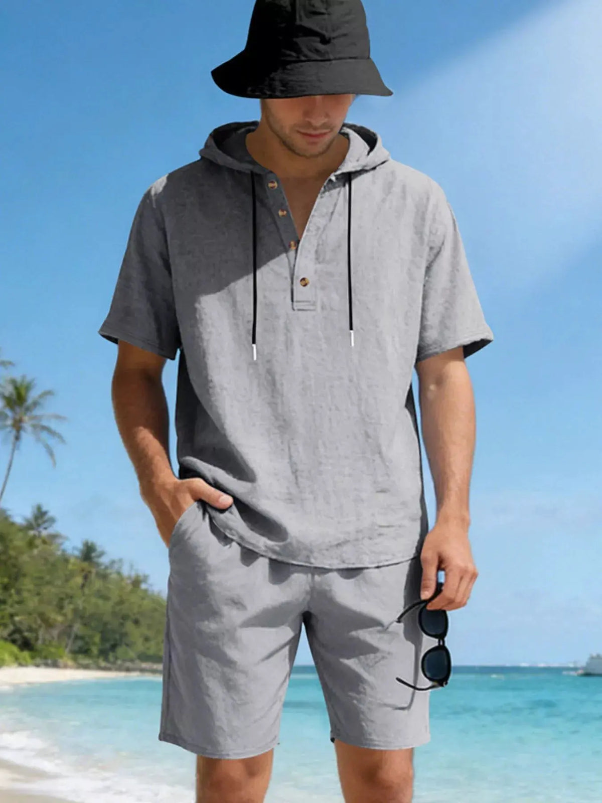 Men's Full Size Casual Short Sleeve Hooded Top & Shorts Set Plus Size by Trendsi