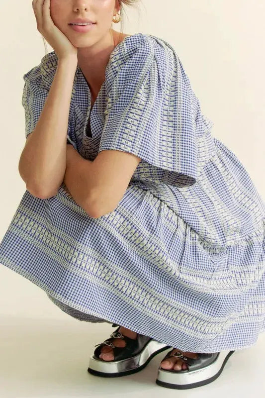 Davi & Dani Embroidered Stripe Ruffled Gingham Mini Dress by Davi & Dani