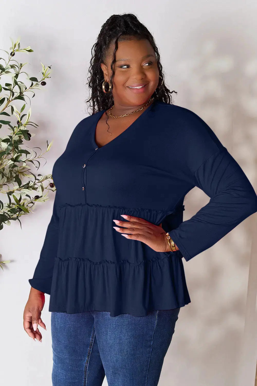 Double Take Half Button Long Sleeve Ruffle Hem Blouse by Double Take