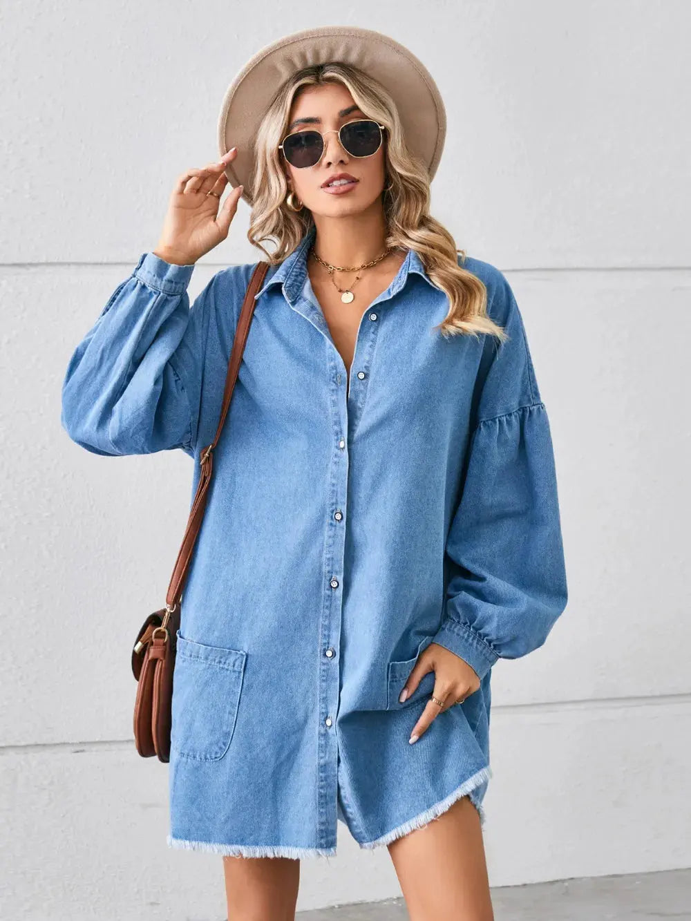 Button Up Pocketed Raw Hem Denim Dress by Partner Label