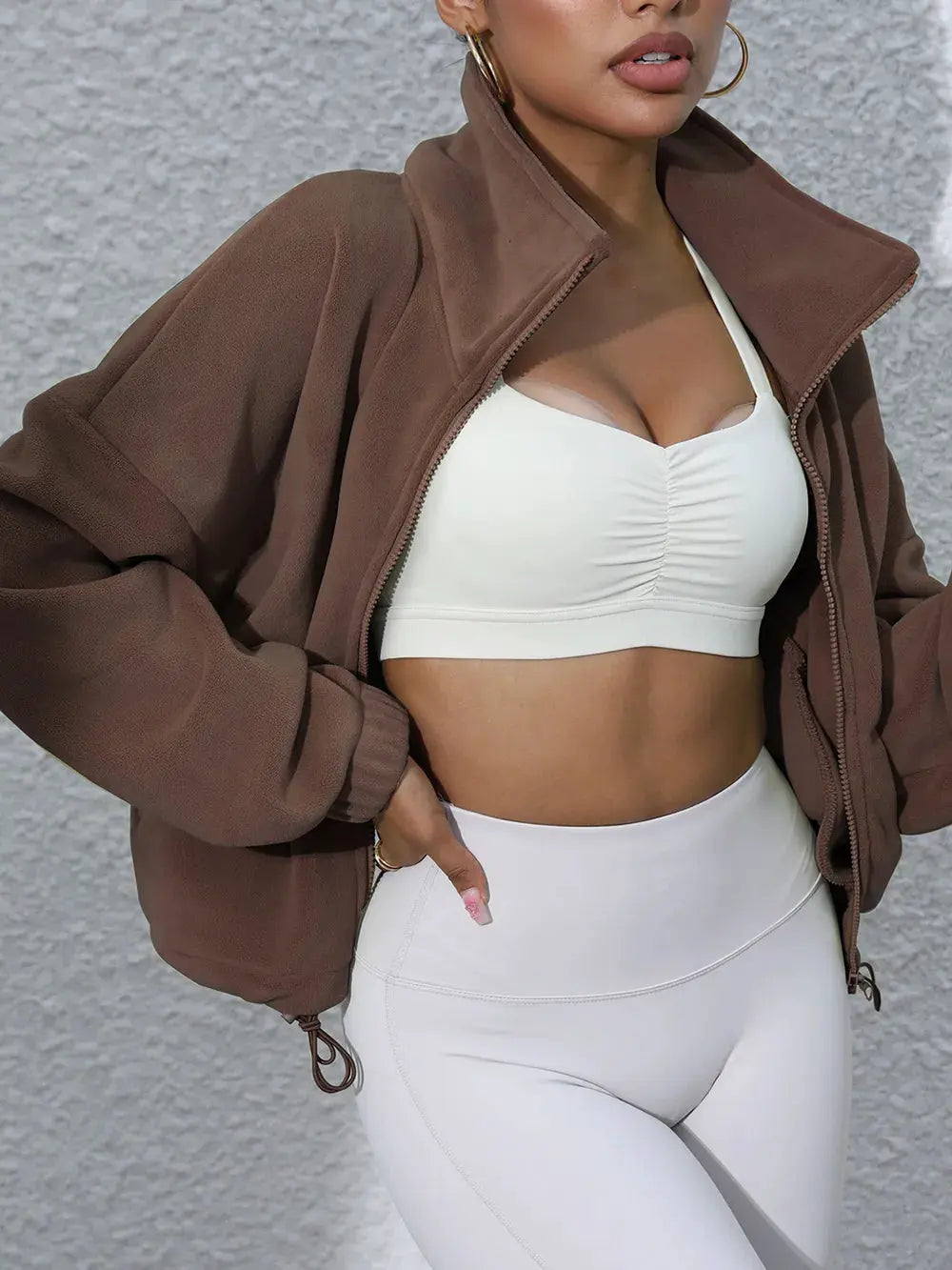 Drawstring Turtleneck Zip Up Long Sleeve Jacket by Partner Label