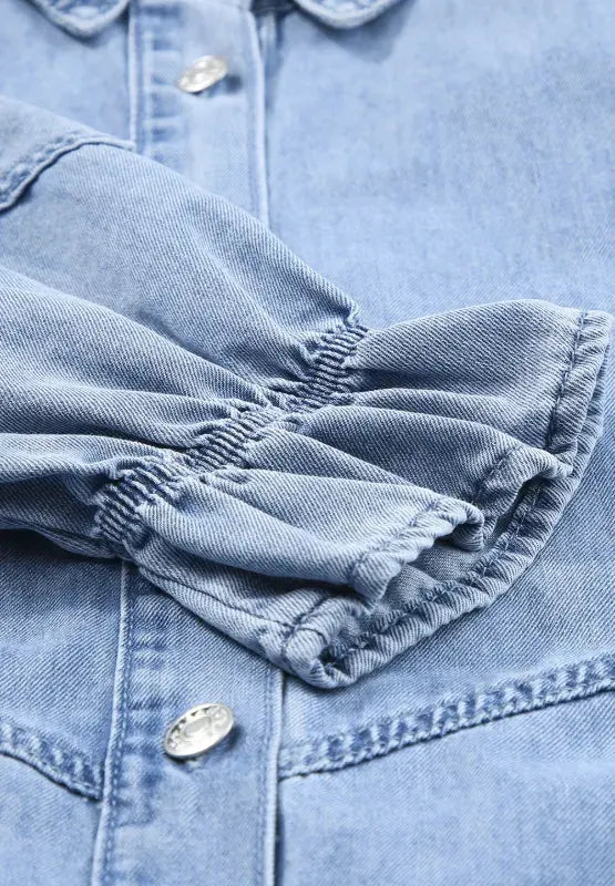 Distressed Collared Neck Flounce Sleeve Denim Dress by Partner Label