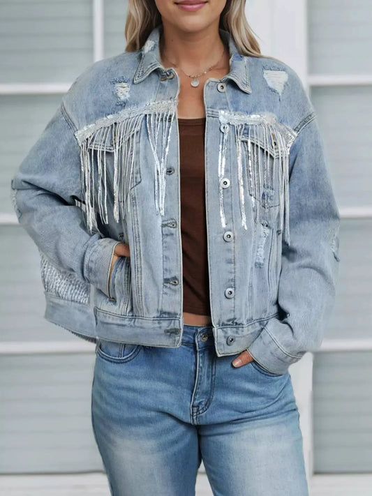 Fringed Sequin Embellished Denim Jacket by Partner Label