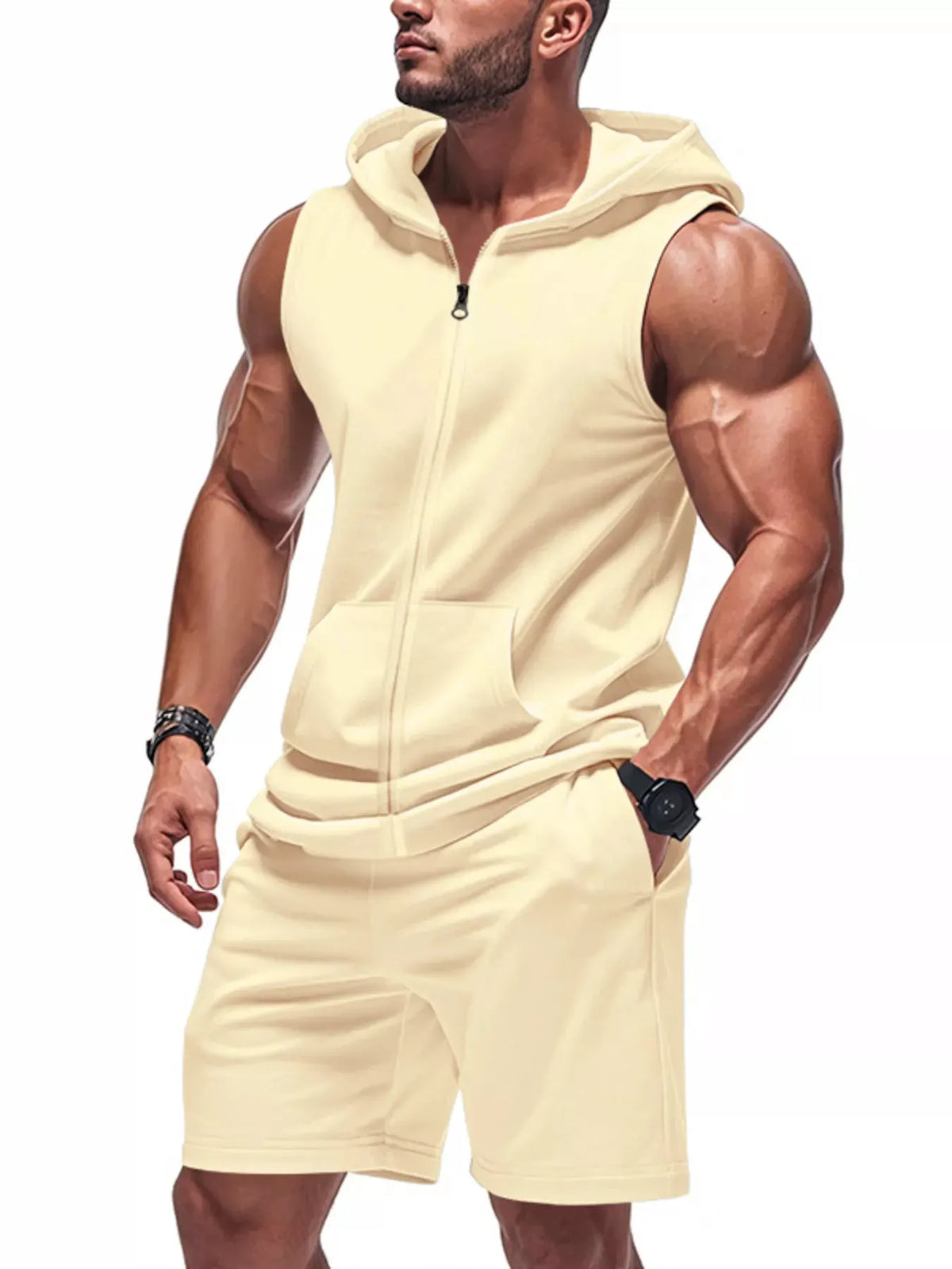 Men's Full Size Zip Up Sleeveless Hoodie & Shorts Set Plus Size by Partner Label