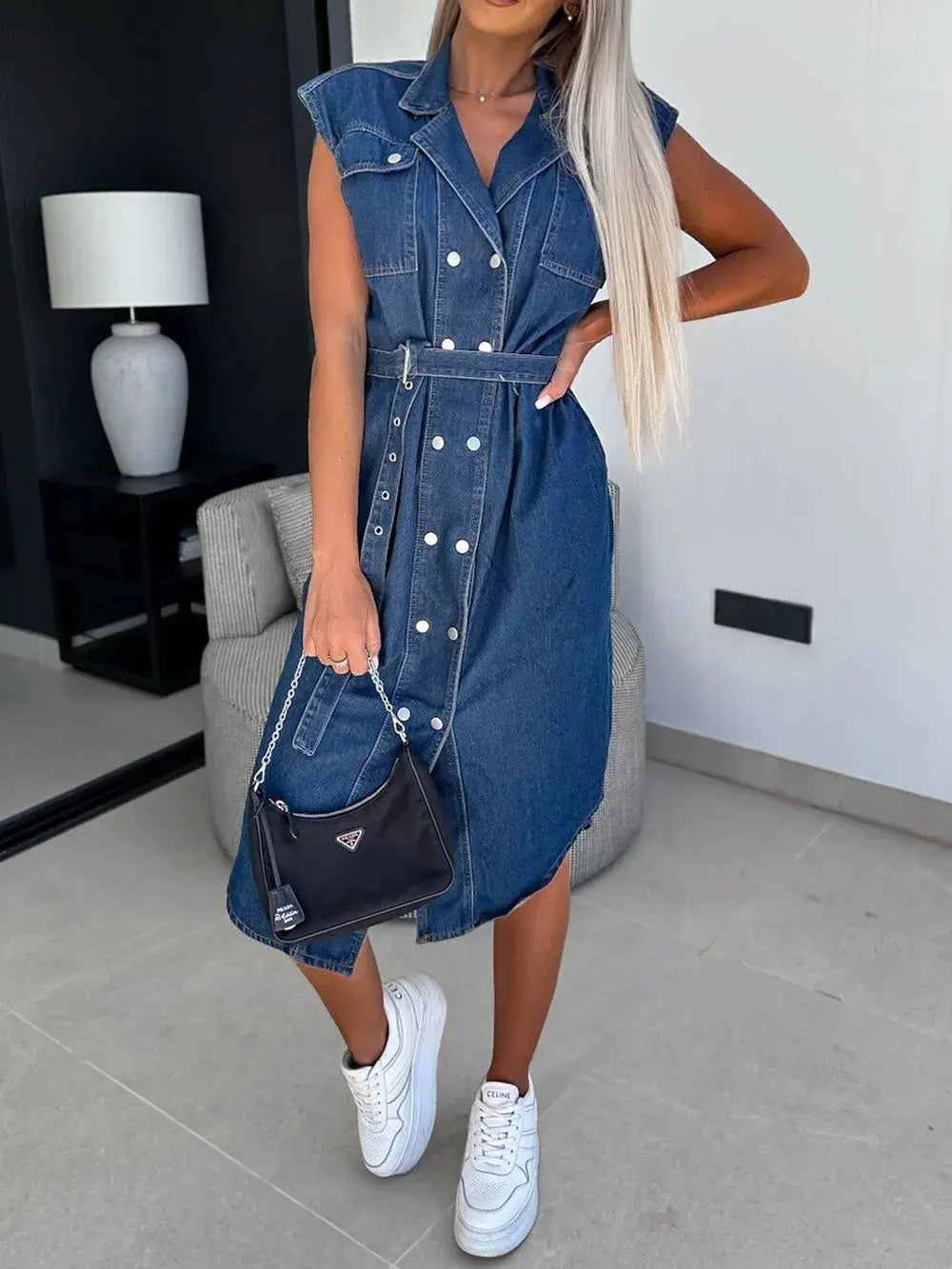 Collared Neck Cap Sleeve Denim Dress by Partner Label
