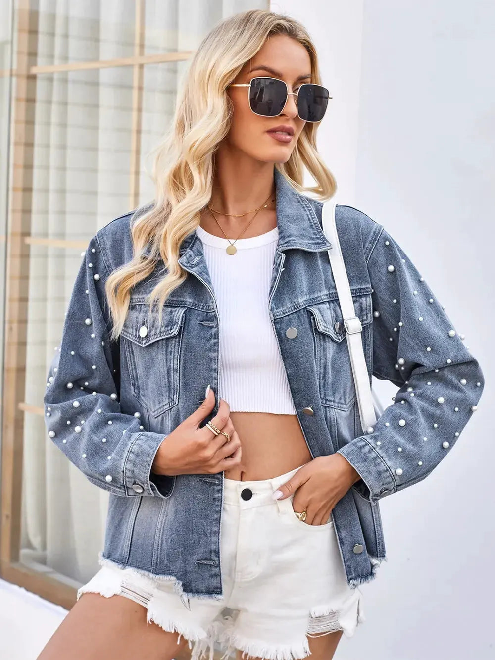 Pearl Trim Raw Hem Denim Jacket by Partner Label