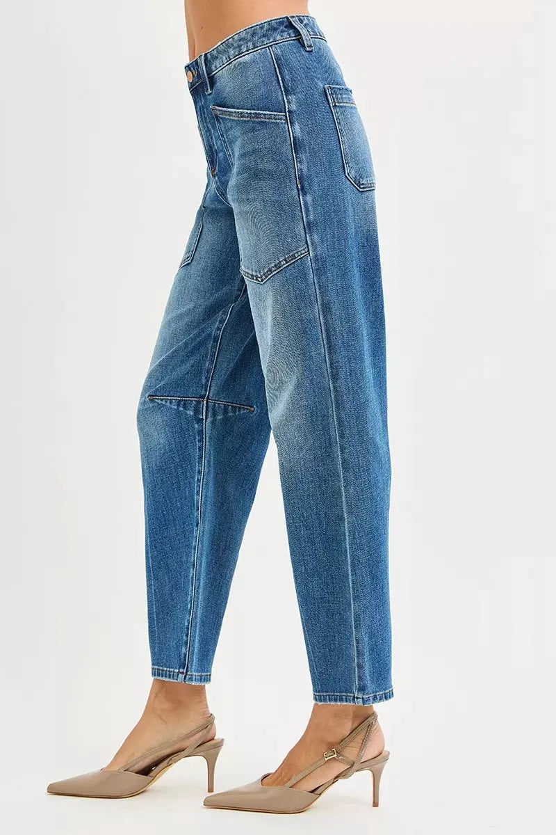 RISEN 4 Way Stretch Mid Rise Barrel Jeans with Patch Pocket Detail by RISEN