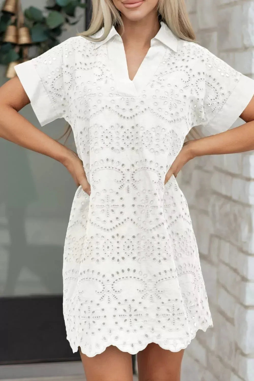 Solid Color Eyelet Embroidered T Shirt Mini Dress by Partner Label