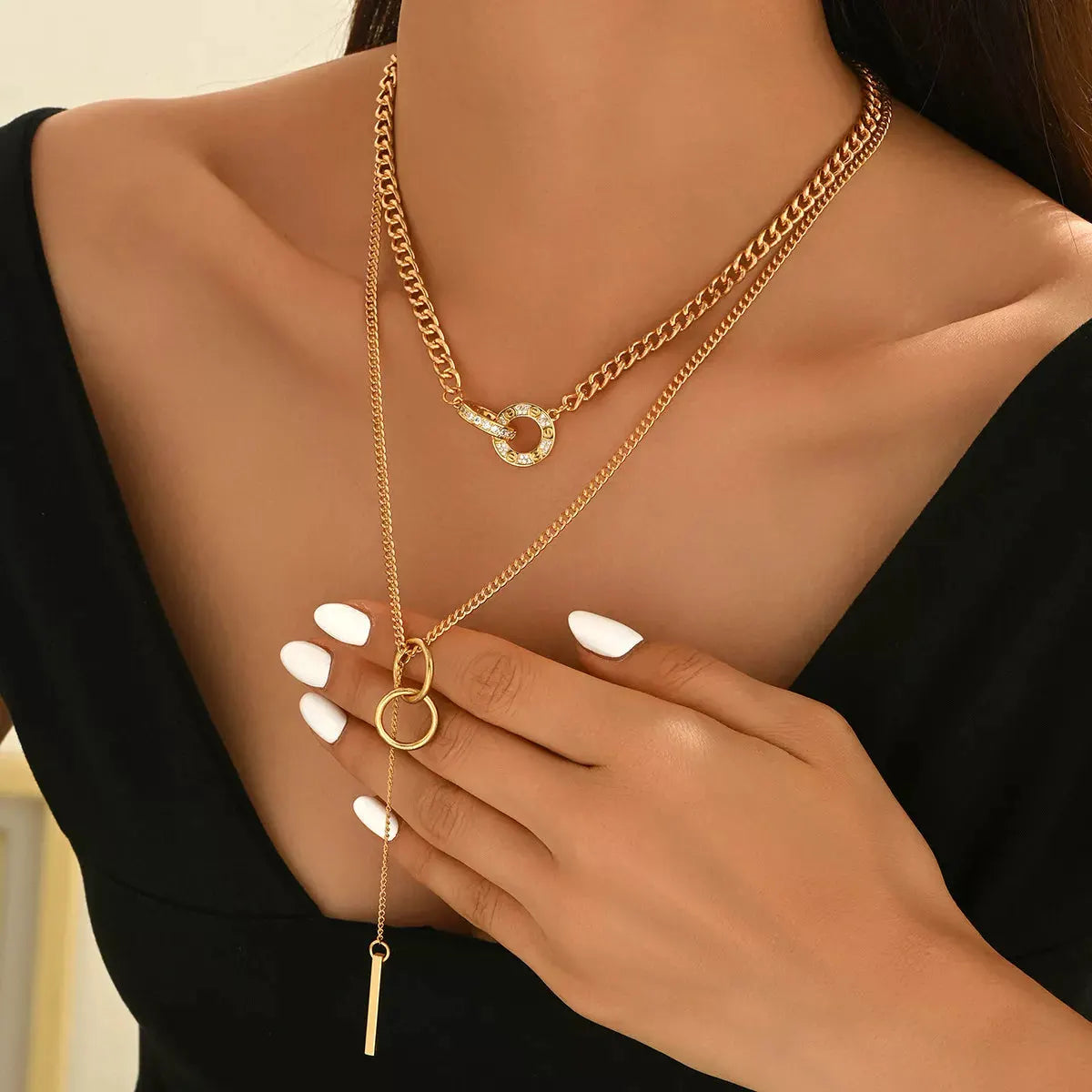 Double Layered Chain Y-Shaped Pendant Necklace by Partner Labels