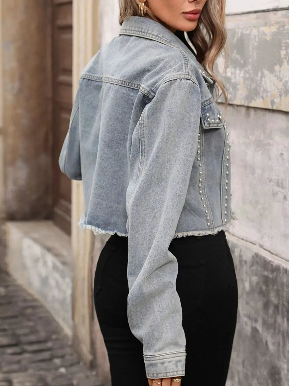Studded Raw Hem Denim Jacket by Partner Label