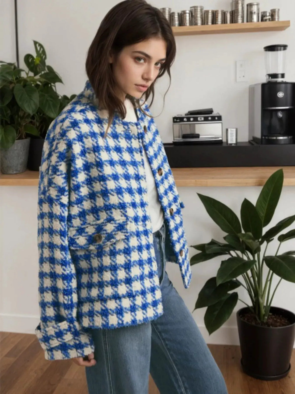 Houndstooth Button Up Long Sleeve Jacket by Partner Label