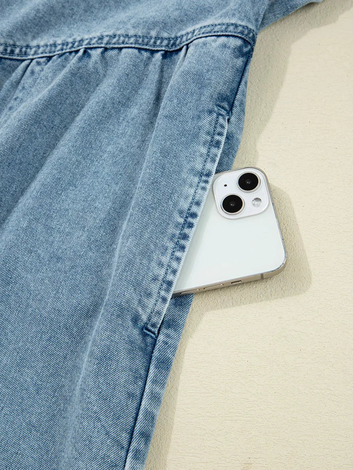 Smocked Cuffs Flared Denim Shirt Mini Dress by Partner Label