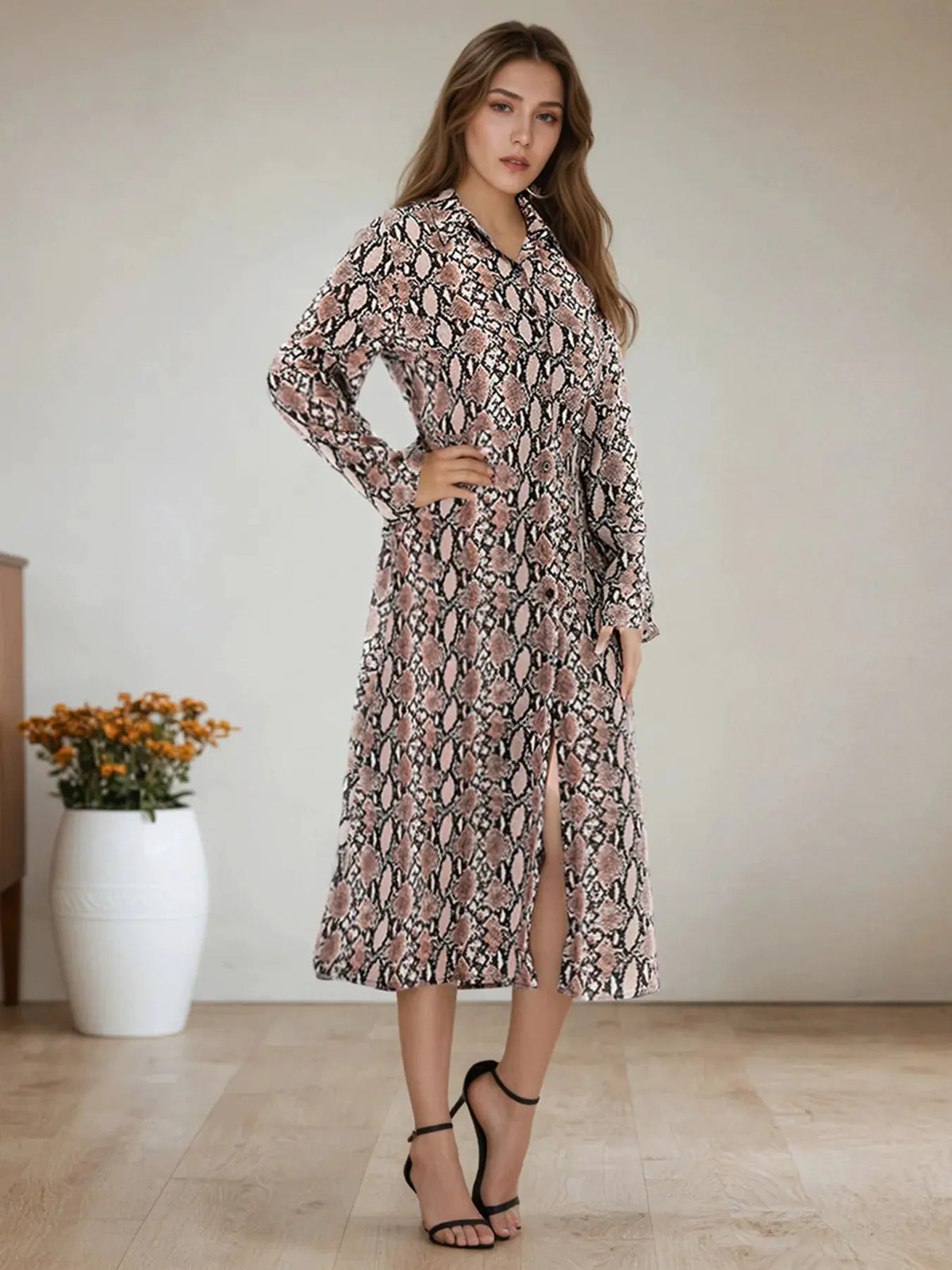 Snake Print Long Sleeve Shirt Dress by Partner Label