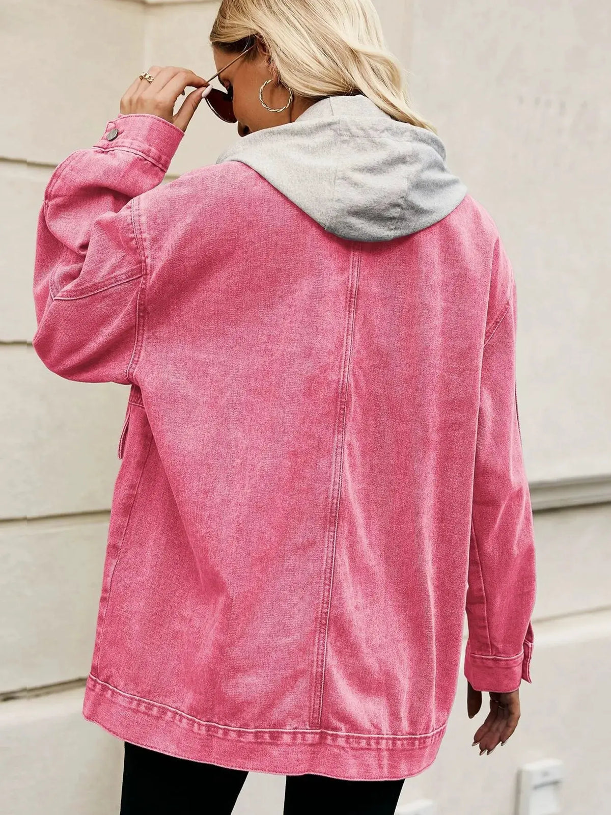 Oversized Button Up Denim Jacket with Hood by Partner Label