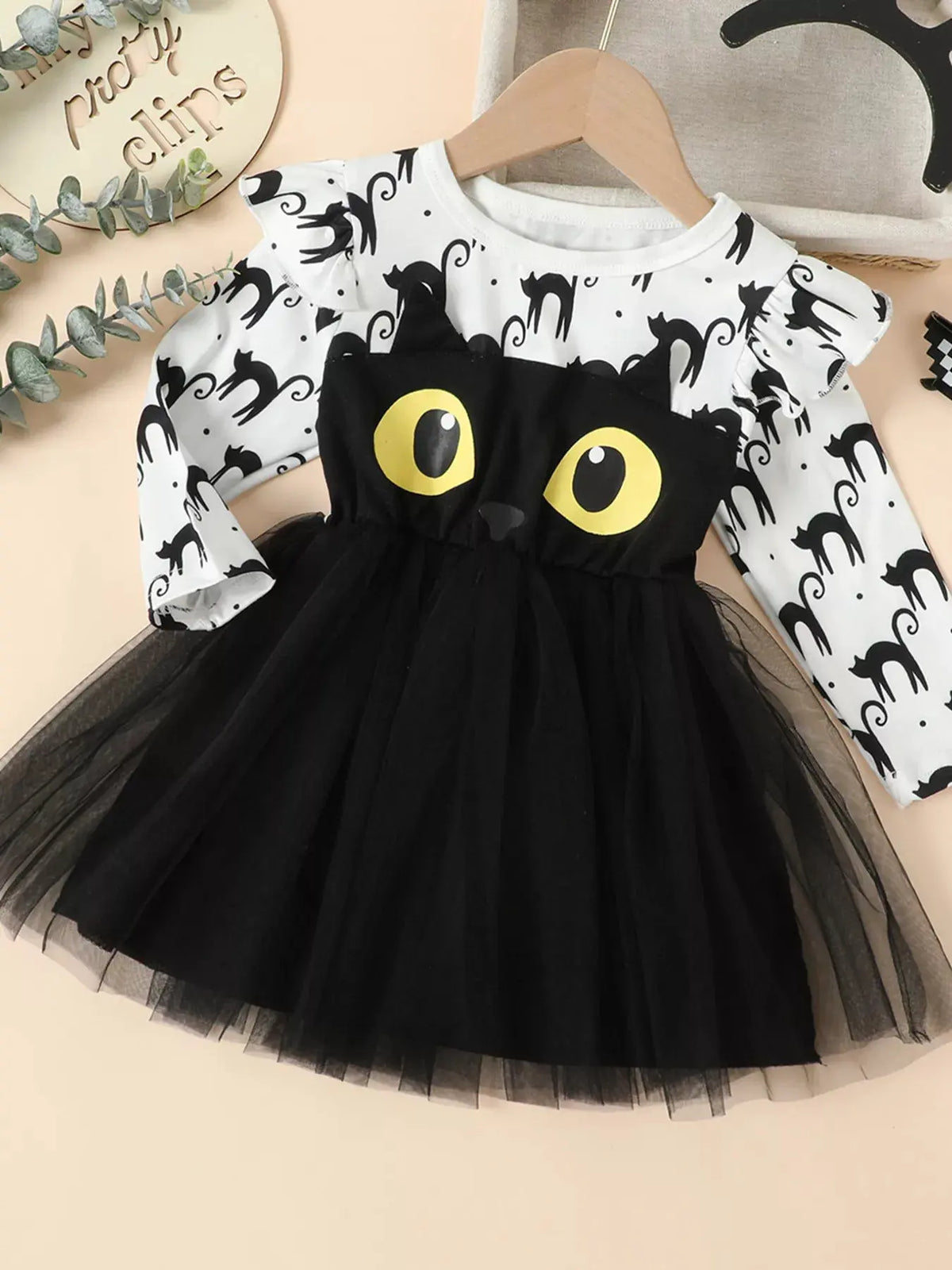 Children's Halloween Cat Eye Ruffle Tulle Dress by Trendsi