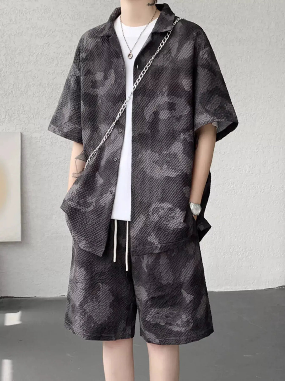 Men's Plus Size Casual Camouflage Print Shirt & Shorts Set by Trendsi