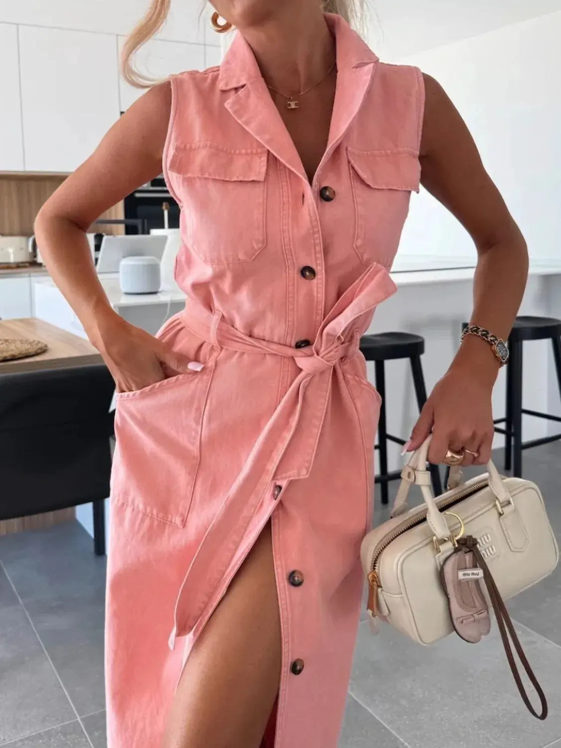 Button Front Sleeveless Denim Dress by Partner Label
