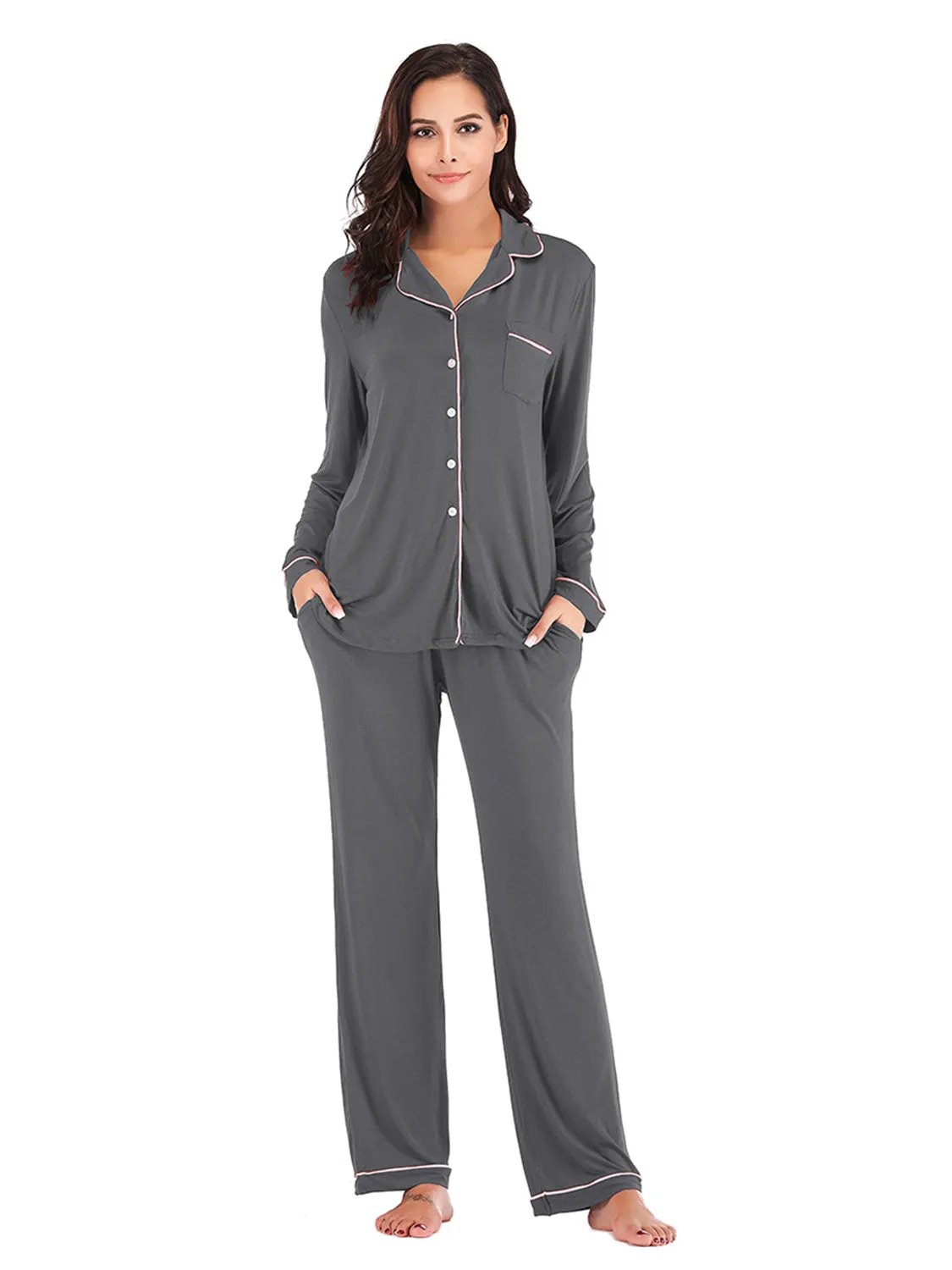 Collared Neck Long Sleeve Loungewear Set with Pockets by Partner Label