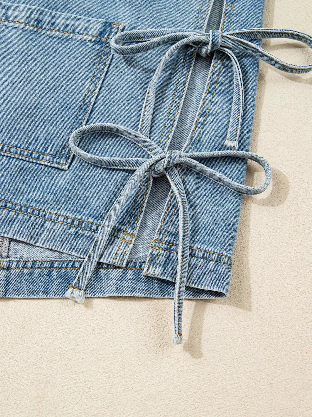 Patched Pockets Side Tie Denim Jacket by Partner Label