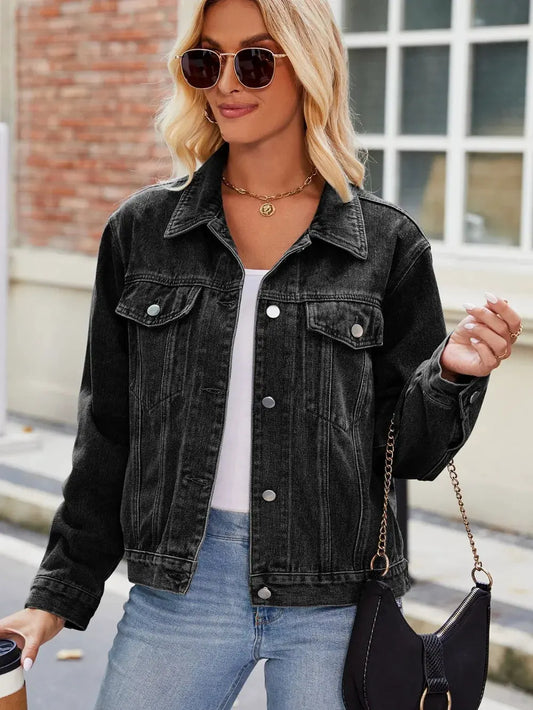 Pocketed Collared Neck Denim Jacket by Partner Label