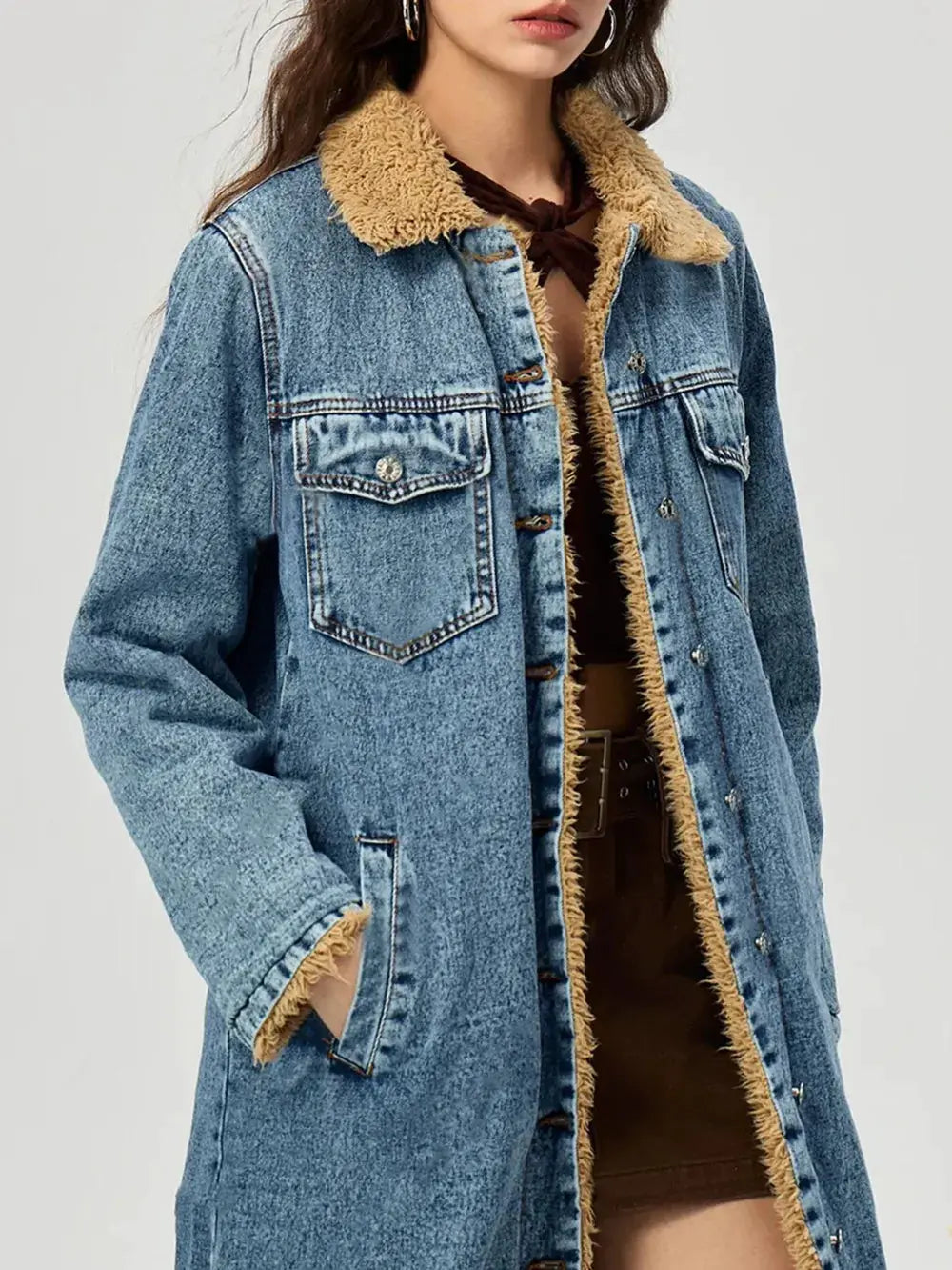 Pocketed Button Up Denim Jacket with Fur Lining by Partner Label