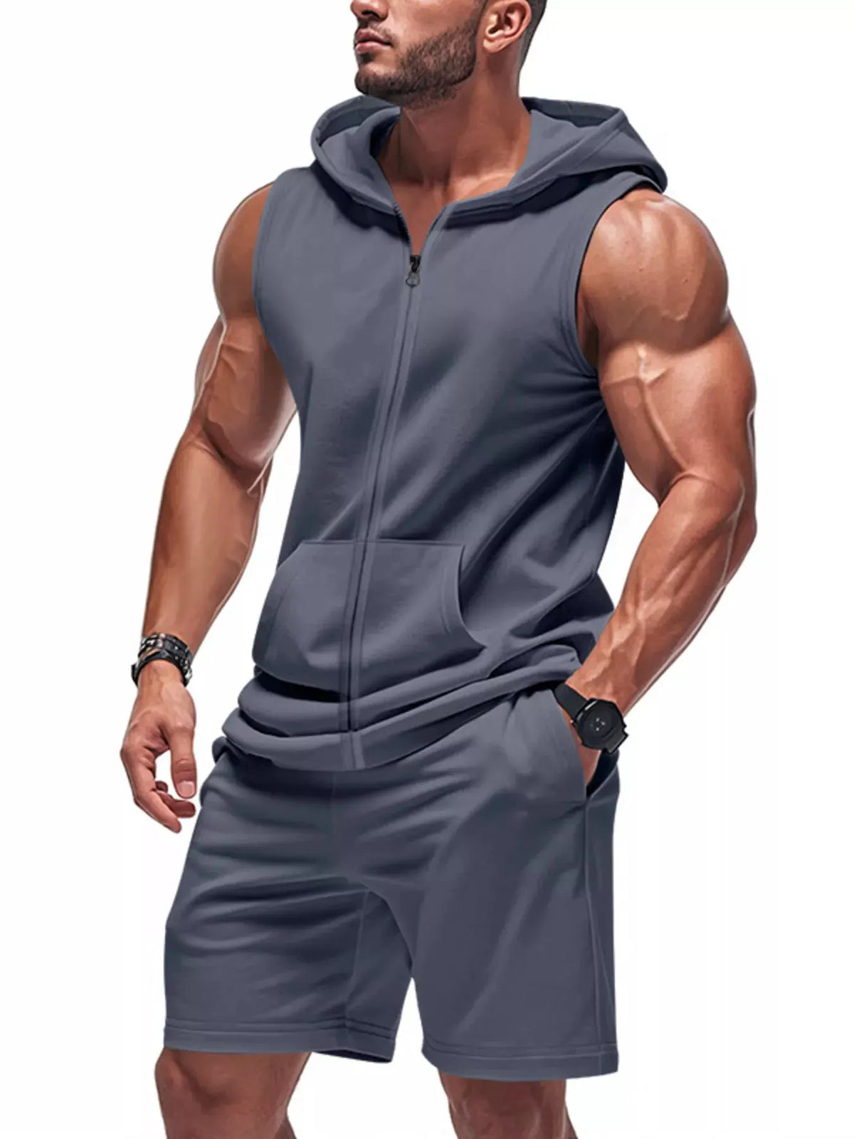 Men's Full Size Zip Up Sleeveless Hoodie & Shorts Set Plus Size by Partner Label