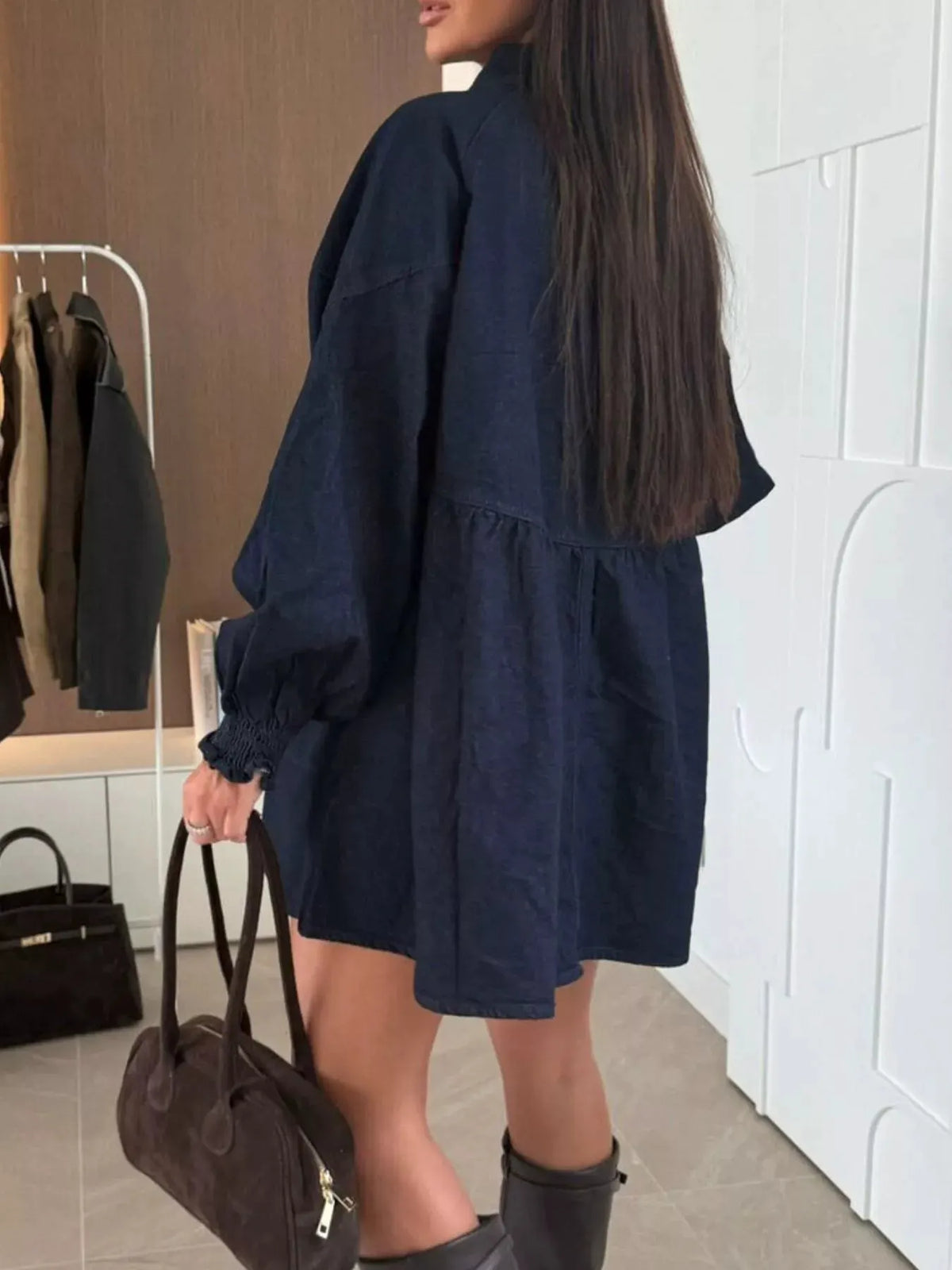Button Down Mini Denim Dress with Front Pockets by Partner Label