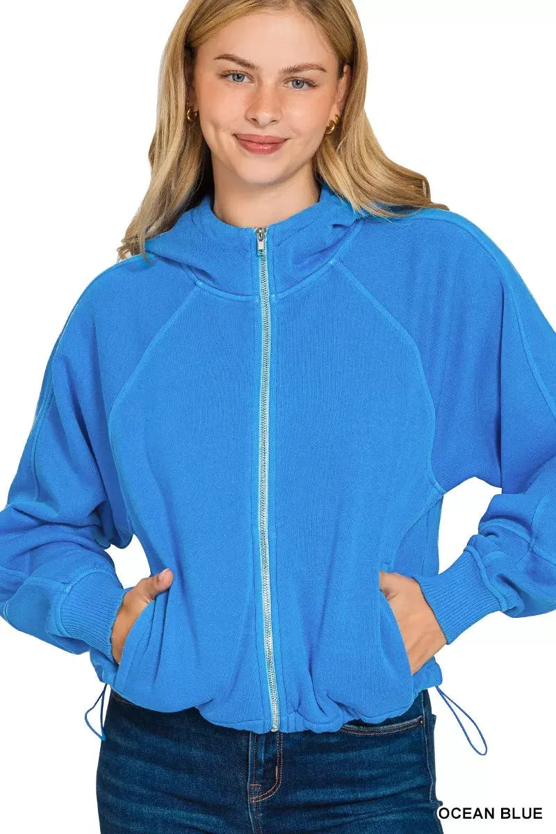 Zenana Fleece Pigment Dye Zip Up Hoodie with Pockets by Zenana