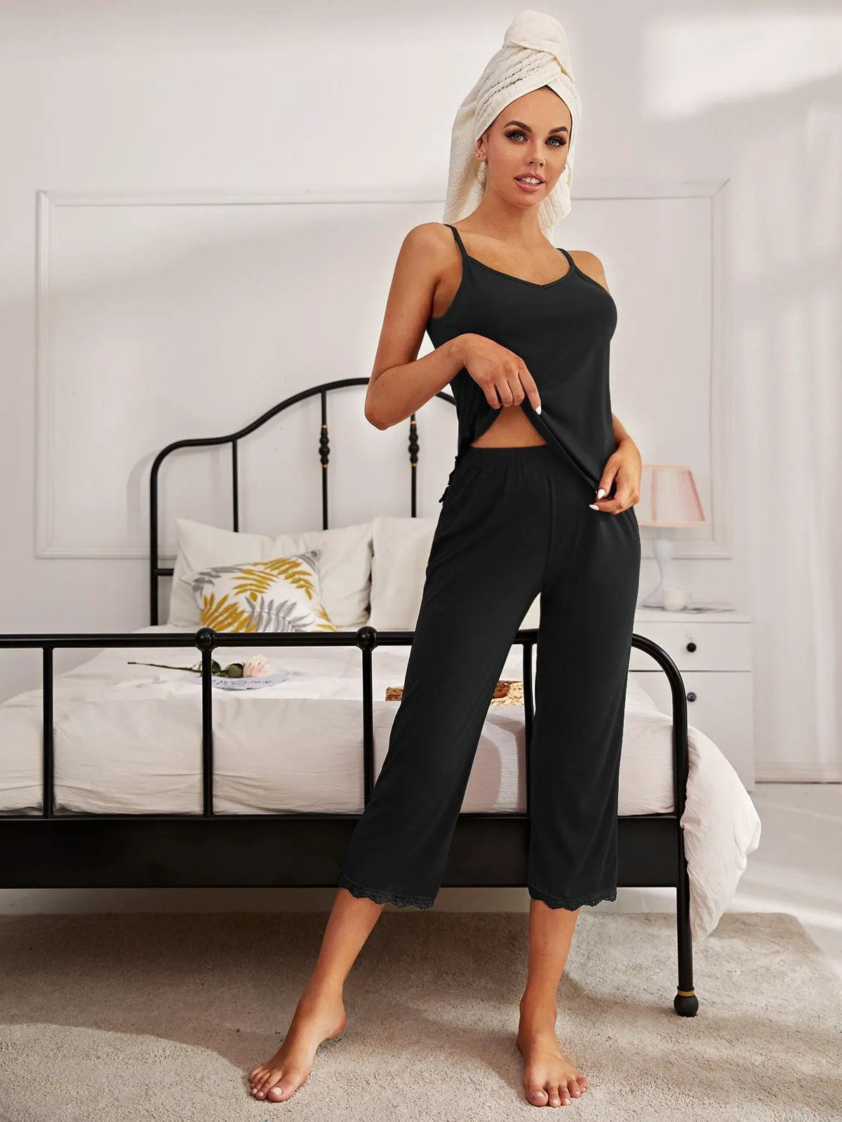 V-Neck Lace Trim Slit Cami and Pants Pajama Set by Partner Label