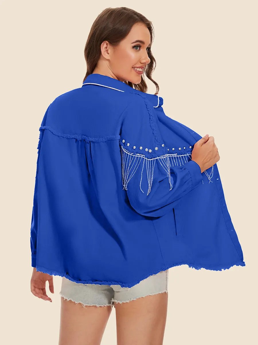 Raw Hem Fringe Detail Denim Jacket by Partner Label