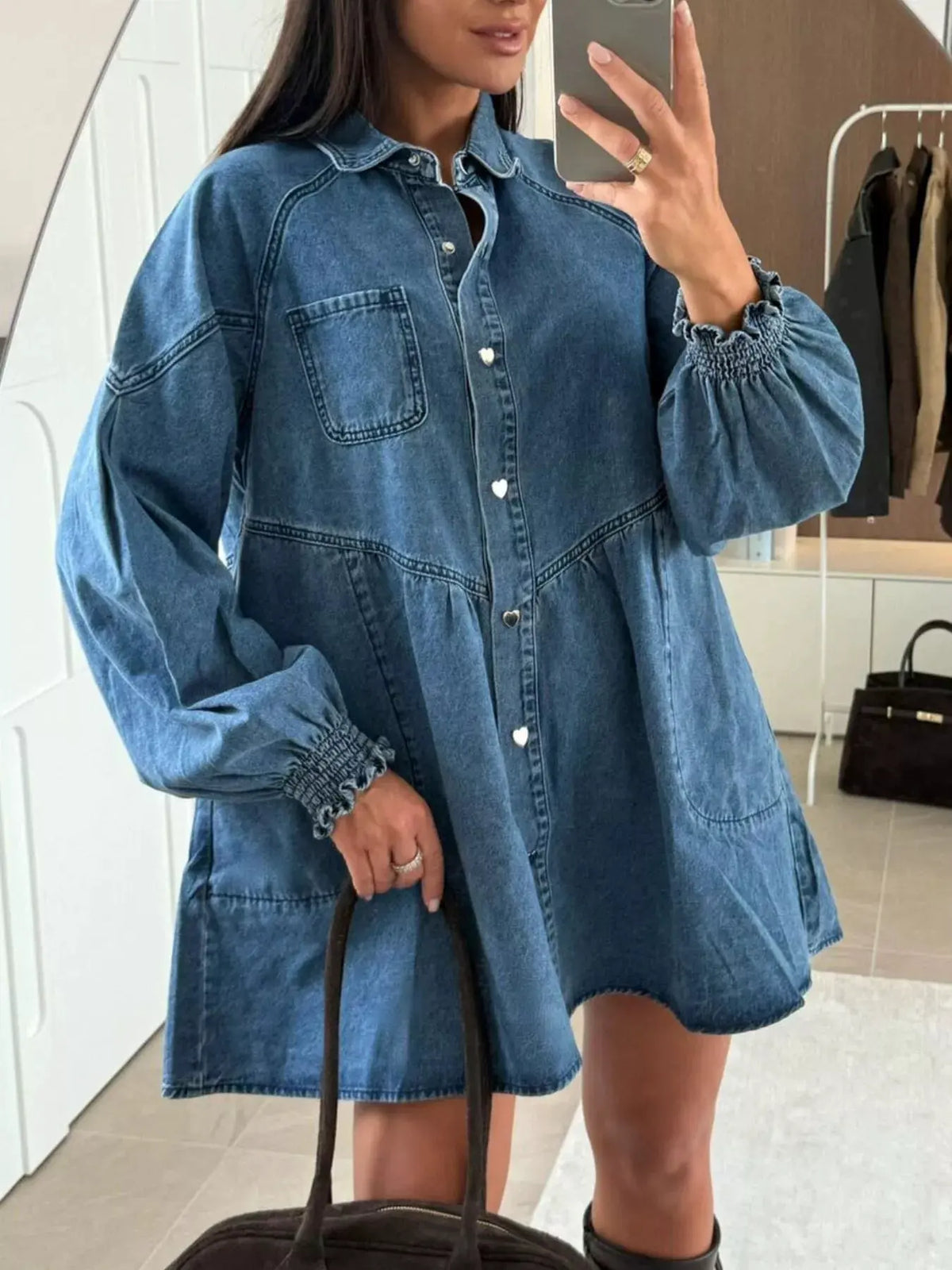 Button Down Mini Denim Dress with Front Pockets by Partner Label