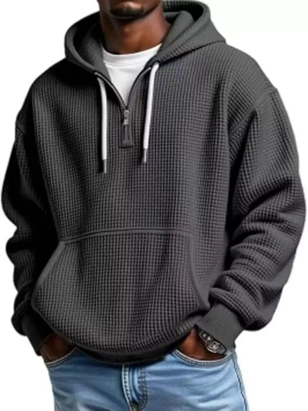 Men's Full Size Textured Waffle Knit Half-Zip Hoodie Plus Size by Trendsi