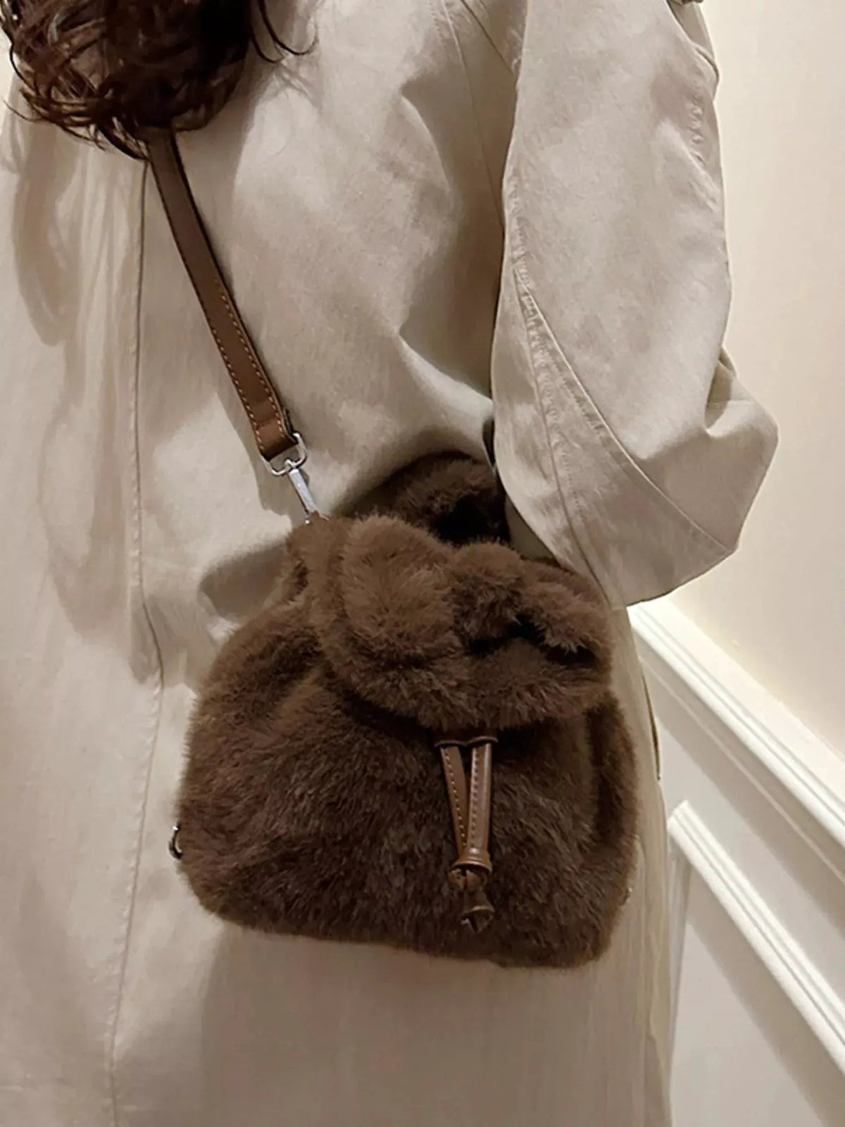 Fuzzy Plush Drawstring Backpack Bag by Partner Label